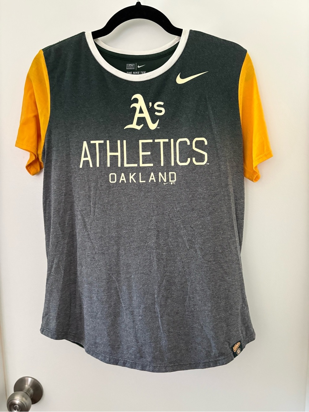 Nike Women's A's Gray & Yellow Athletics Tee